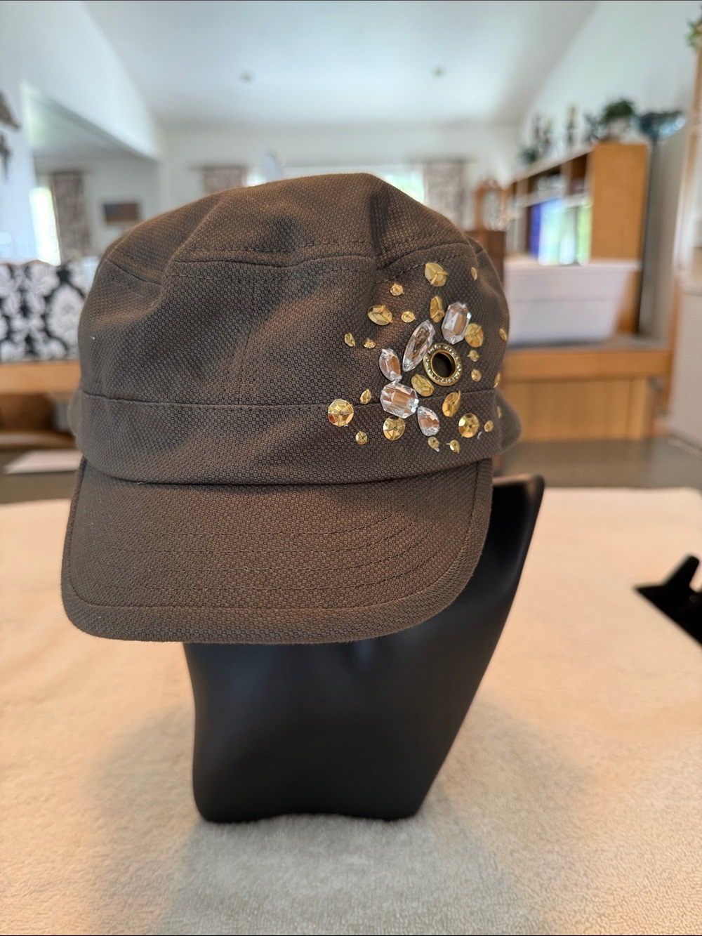 Scala Olive Green Embellished Military-Style Cap